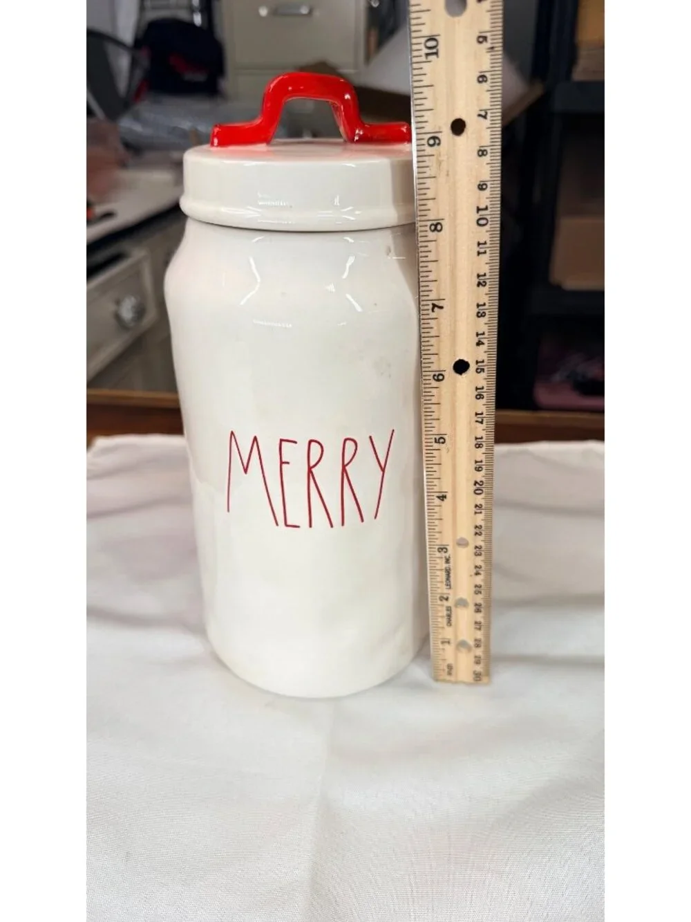 Rae Dunn MERRY Christmas Canister Red Handle Lid White Ceramic Farmhouse